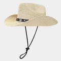 Detail of straw cowboy hat featuring silver badge, metal studs and adjustable wind cord - Beige