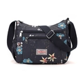 Floral print crossbody bag in dark blue with multiple zippers and adjustable strap - Small Orchid