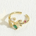Leaf design open ring in 14K gold plating with green, pink, and white zircons - Leaf Design Multi-color Zirconia