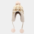 Detail van gebreide trapperhoed met pied-de-poule patroon, imitatiebont en pompons - M (56-58cm) / Khaki