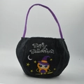Halloween Kürbis Tasche aus schwarzem Plüsch mit lila Griff und Eulen Bestickung - Bestickte Eule / Schwarz Eule