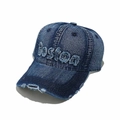 Close-up of distressed denim baseball cap with BOSTON 3D embroidery and frayed edges - M (56-58cm) / Navy Blue