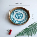 Round 11-inch woven rattan tray with blue mosaic inlay and white wooden handles - Blue Heart / Large 26x3cm