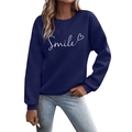 Felpa girocollo blu scuro con stampa Smile bianca e cuore, design alla moda per donna - S / Blu navy