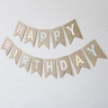 Rustic burlap happy birthday swallowtail banner with colorful letters on white background - Macaron Imitation Burlap Printed Fishtail