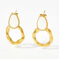 French vintage style gold wavy circle earrings with white enamel oval inlay - Irregular Hammered Hoop / Gold + White (KDE737)