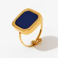 Square gold stainless steel open ring featuring a deep blue enamel rectangular inlay - Deep Blue Style (KBJ251) / Gold
