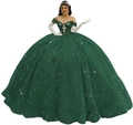 Dark green off-shoulder ball gown with heavy embroidery and a sequined voluminous skirt - Emerald Green with Train
