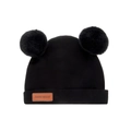 Knitted baby winter hat in black featuring two pom-poms and a handmade leather label - Black (SS142-1)