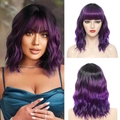 Short wavy Bob wig with bangs in black and purple gradient style for women - Black and Purple Gradient