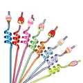 Eight colorful spiral plastic straws with various cartoon ice cream toppers on white background - 8Pcs Set / 8 Colors Mixed
