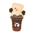 Enamel coffee cup pin featuring a cute yellow bear and golden deer emblem - Latte Bear Cup (QHXZ4233)