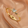 Bracelet manchette papillon or 18K avec nacre et zircons sur soie de champagne - Doré