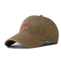 Detail of embroidered red cherries on a vintage washed brown cotton baseball cap fabric - Khaki