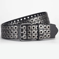 Cintura punk unisex in pelle PU nera con tre file di occhielli argentati e fibbia classica - Cinturino Nero Con Fibbia Canna di Fucile