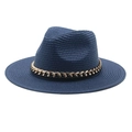 Handmade navy blue straw panama hat with elegant gold chain decoration for summer beach - Adjustable / Navy Blue