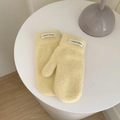 Cozy yellow faux mink fur mittens with white 'HAND MADE' label on a white table - Yellow