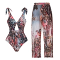 Dettaglio della stampa tropicale su costume intero con scollo a V e pantaloni da mare - S / Set costume intero con fiocco e pantaloni