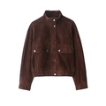 Classic dark brown suede bomber jacket with stand collar and metal snap buttons - XS / Dark Brown
