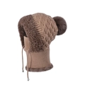 Winter knitted hood hat with mask and neck warmer in coffee brown color with fur pompom - Coffee