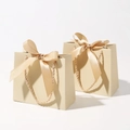 Elegant champagne paper gift bag with satin bow and gold trim for wedding favors - Champagne Bag + Dark Champagne Ribbon