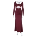 Close-up of wine red slim fit dress with waist cut-out and detailed ruched fabric texture - S / Burgundy