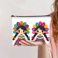 Detail view of a large canvas zipper pouch with cute cartoon girl prints and black zipper - Q-version Girls Style