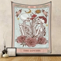 Detail of tarot lovers skull tapestry with vintage floral patterns on a beige wall - 73X95CM / Tarot The Lovers