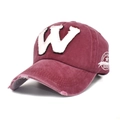 Close-up of distressed wine red cotton baseball cap with W patch and side embroidery - M (56-58cm) / Burgundy