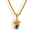 Detail of angel pendant in gold finish with blue birthstone and twist chain design - September