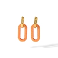 Detail of 18k gold earrings featuring orange enamel stripe patterns and wave texture - Orange Striped Style (TE6147-OR)