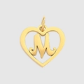 Polished gold heart pendant featuring a stylized M letter design with a smooth mirror finish - M