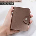 Brown Saffiano leather card holder with 24 slots and secure metal snap closure - 24 Slots / Cross-grain Brown