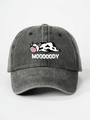 Detalle del bordado MOOOOODY en gorra de béisbol de algodón lavado gris oscuro con una vaca - Negro
