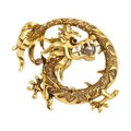 Golden dragon brooch with brown rhinestones and a grey pearl in circular ring shape - Gold with Coffee Stones