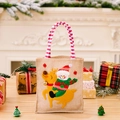 Christmas burlap gift bag with snowman on reindeer embroidery and striped handles - Striped Handle Snowman Riding Reindeer