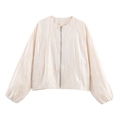 Women's beige casual jacket with floral embroidery, round neck, and zip-up design - XS / Off White