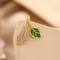 Exquisite gold-plated leaf pendant with white zircon pavé and green enamel details - Gold Zirconia Enamel Double Leaf
