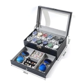 Double-layer black leather watch and jewelry box organizer with 12 slots and glass lid - 12-Slot Black/Grey Layered