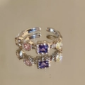 Adjustable gold open ring featuring vintage texture and multi-color zircon stones - Vintage Texture Multicolor Zircon Open Ring (J4001)