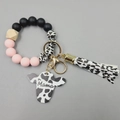 Silicone beaded wristlet keychain with leopard cow print, Mama bull tag and tassel charm - Pink