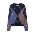 Damen Vintage Strickpullover mit Rautenmuster in Dunkelblau und klassischem Rundhalsausschnitt - S / Marineblaues Argyle-Muster Rundhals