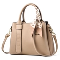 Beige large capacity PU leather handbag for women featuring decorative patterned silk scarf - Khaki