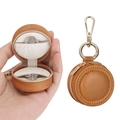 Detailed interior of a mini round leather jewelry box with slots for two rings - 5*5*3cm / Brown (Double Line Style)