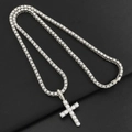 Detail of silver tennis chain and pearl cross pendant with sparkling crystals on black - 16" / Silver