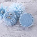 Octagon velvet jewelry box in light blue with double ring slots for wedding rings - Light Blue; Three Rings Box