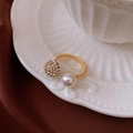 Double-layered gold-plated open ring featuring a sparkling zircon ball and a white pearl - 24# Gold Spiral Pearl Pavé Zirconia Ball Open Ring