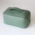 Large capacity bean paste green PU leather makeup bag with gold rivets and handle - Dark Green