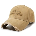 Vintage khaki washed cotton baseball cap with NYBOOY embroidery and distressed brim - Adjustable / Deep Beige