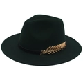 Detailed close-up of dark green wool fedora with a large golden leaf metal buckle decoration - M(56-58cm) / Dark Green (Golden Leaf)